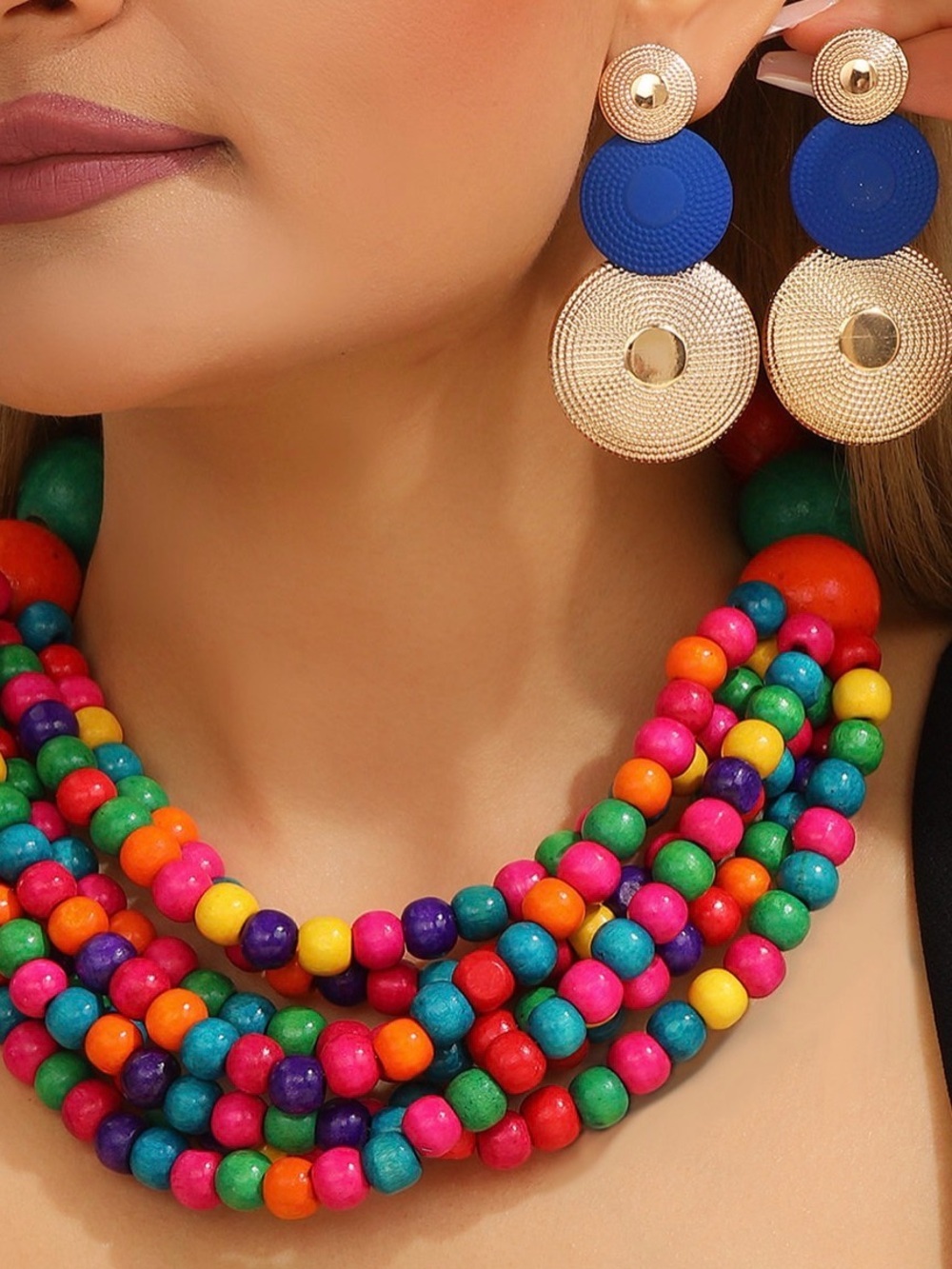 Colorful Multistrand Wooden Bead Necklace - Blue & Multicolor